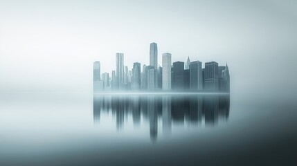 Fototapeta premium A foggy skyline view of a modern city reflecting in still waters at dawn