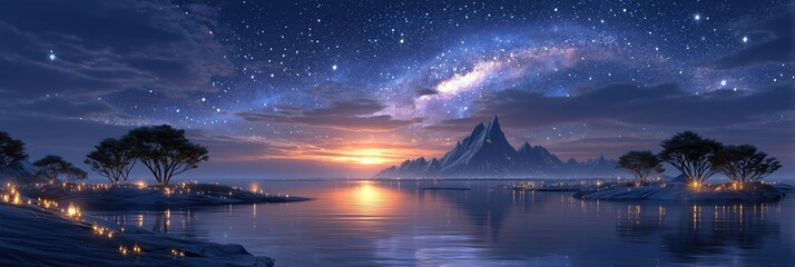 Enchanted Lake at Sunset Under a Milky Way Sky, with Glowing Orbs Illuminating Distant Mountains and Serene Waters