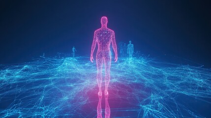 Virtual human figure walking through a network of connected digital entities in a stunning digital landscape