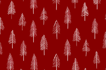 A pattern of white fir trees on a red background in Christmas style. Christmas festive background 