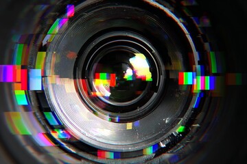 Close up view of a camera lens showing digital screen color bars and visual data corruption effects.