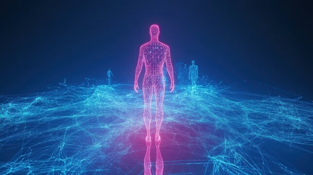 Virtual human figure walking through a network of connected digital entities in a stunning digital landscape