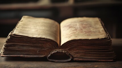 Old, open book resting on a wooden table in a quiet library setting with warm light illuminating its worn pages