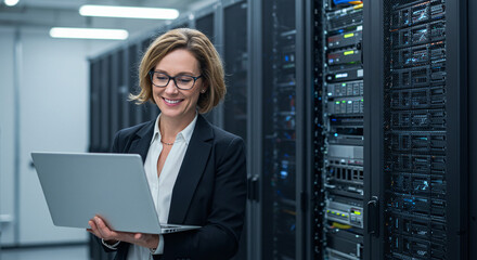 Woman it engineer laptop server room data center cloud computing network technology professional business