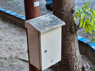 Old white metal utility box mounted on rusty pole beside tree trunk outdoors