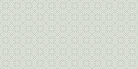 Vector floral seamless pattern in arabesque style. Green and white texture with flowers, leaves, petals, curved shapes. Simple geometric background. Abstract oriental ornament. Repeated decor design