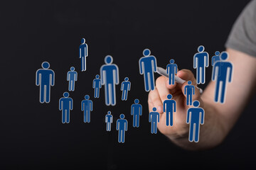 Digitally represented network with abstract figures indicating connections, teamwork, and social interaction. Represents data analysis and globa