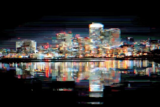 Bright city skyline lights reflect on dark water with strong digital screen glitch and horizontal distortion effects.