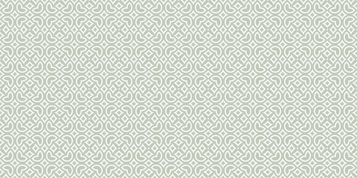 Vector floral seamless pattern in arabesque style. Green and white texture with flowers, leaves, petals, curved shapes. Simple geometric background. Abstract oriental ornament. Repeated decor design