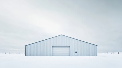 Obraz premium Snow-covered landscape showcases a solitary metal barn in a quiet rural setting during winter