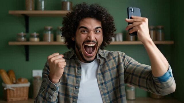 Man celebrating success while looking at his smartphone screen