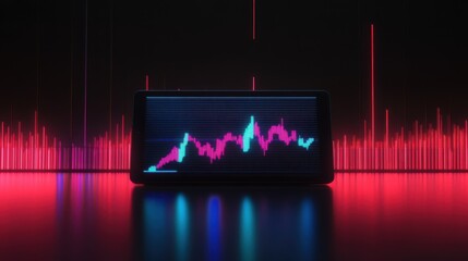 Digital stock market analysis display on tablet with vibrant graphs and data patterns in a modern workspace setting