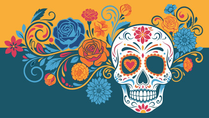 Vibrant Day of the Dead Sugar Skull with Colorful Floral Design. Traditional Calavera Art.