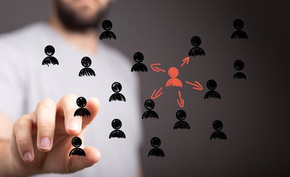 Image depicts influencer marketing strategy.  A central figure connects with many others, symbolizing broad reach and impact.