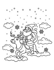 Sweet Christmas Party Santa Claus and Reindeer Flying Across the Sky with Gifts – Vector Coloring Page for Kids and Adults 
