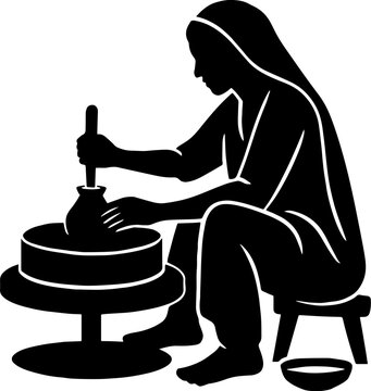 Woman grinding wheat on stone mill (chakki) - nostalgic village life vector vector with white background 