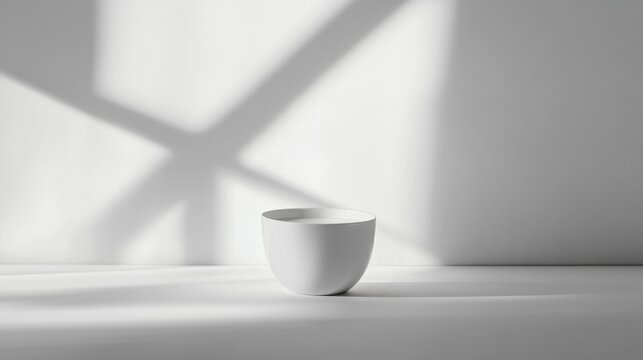 Simple white bowl on a clean surface with soft shadow patterns in a minimalist setting