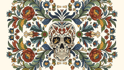 Ornate Sugar Skull Illustration with Floral Motifs and Traditional Folk Art Design