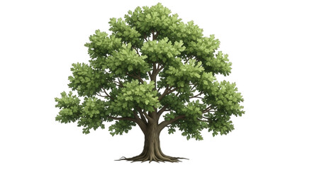 Lush green oak tree with detailed leaves and roots