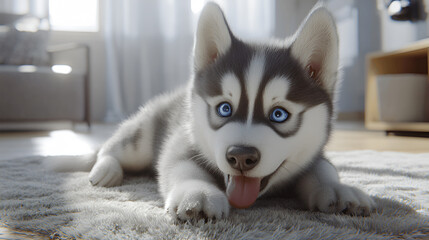 Fototapeta premium Playful husky puppy with striking blue eyes lying on a soft rug in a cozy living room, showcasing its adorable features and inviting atmosphere of home