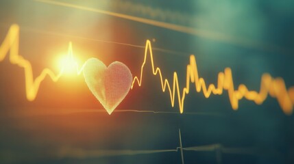 Heartbeat waveform representing love during sunset with vivid rays illuminating the scene