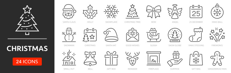 Christmas line icon set. Editable Stroke. Xmas, gift, santa, christmas tree, snowflake, angel, santa nat - stock vector.