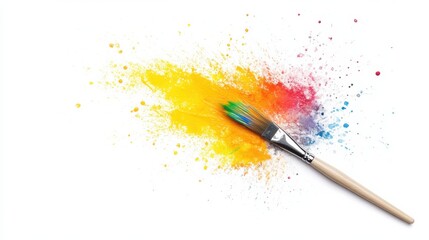 Fototapeta premium Colorful paint splash with a brush on a white background creating a vibrant artistic effect