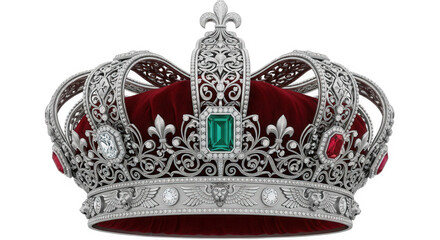 Ornate Silver Crown with Red and Green Jewels Keywords: crown, royal, regal, silver, ornate