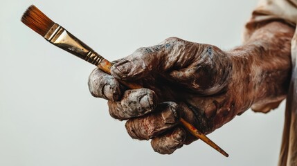 Hand of an artist holding a paintbrush covered in colorful paint at a creative workspace