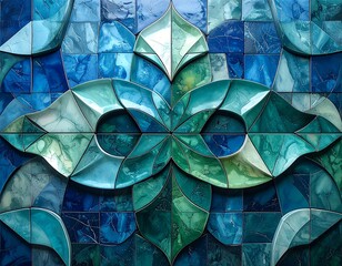 An artistic wall composed of various blue and green shapes with a central, symmetrical flower-like form. The tiles have varying textures