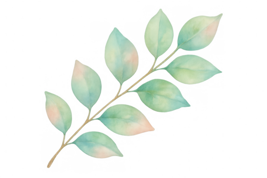 Elegant botanical watercolor branch with pastel leaves, ideal for spring design and delicate nature themes - Powered by Adobe