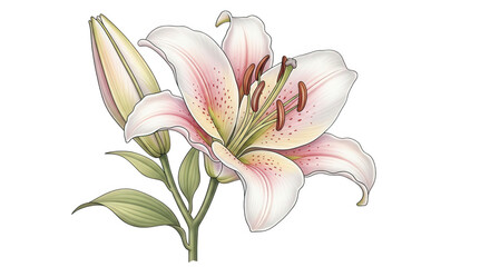 Pink and White Lily Flower with Bud on Black Background