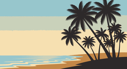Stylized Beach Scene with Palm Trees Silhouettes Vintage Color Palette