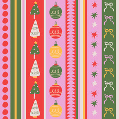 Christmas seamless pattern set with decorative wrapping paper and fabric backgrounds. Handdrawn doodle ornaments with stripes, plaid, and stars. Festive vector textures for holiday design, gift wrap, 