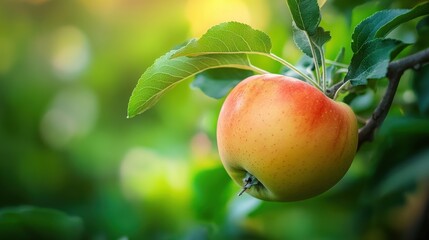 Obraz premium Ripe apple hanging on branch in lush orchard during sunny afternoon