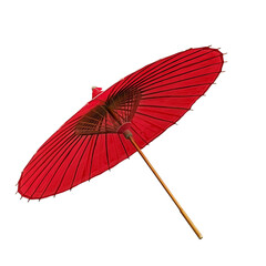Red paper umbrella with wooden handle isolated on a transparent background