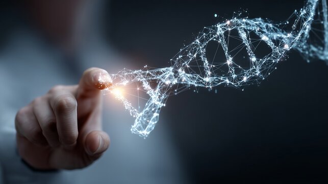 Hand touching glowing abstract dna, representing genetics and biotechnology research