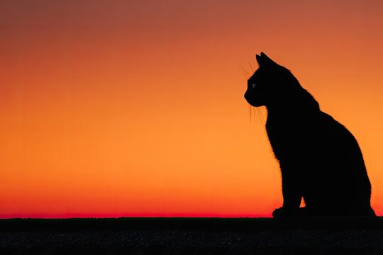 Silhouetted black feline, sitting, against a vibrant orange and red gradient evening sky