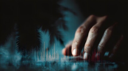 Fingers interacting with a digital display of financial charts and graphs
