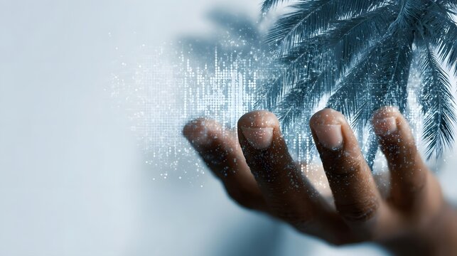 A hand manipulates abstract digital data and information with a blurred palm frond in the background - Powered by Adobe