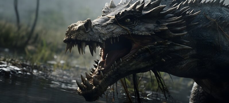 dragon chomping on bones in a swamp,generative AI