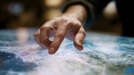 Hand interacting with a glowing digital map on a touch screen