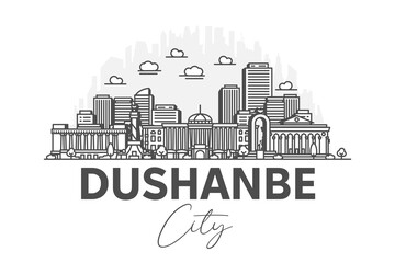 Dushanbe, Tajikistan architecture line skyline illustration with shadows. Linear vector cityscape with famous landmarks, city sights, design icons.