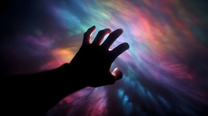 Silhouette hand reaching towards vibrant swirling abstract light patterns in the dark