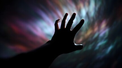 Silhouette of a hand reaching into a vibrant swirling vortex of colorful light