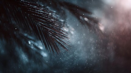 Close up of a dark palm frond amidst a soft atmospheric background filled with shimmering light particles