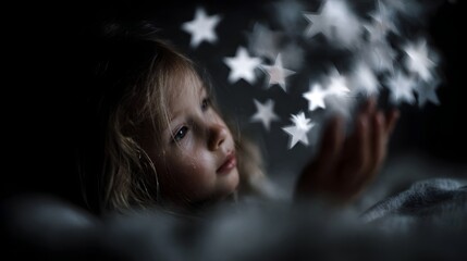 A young child looks up in wonder reaching towards magical glowing star shaped lights in a dreamy dark setting