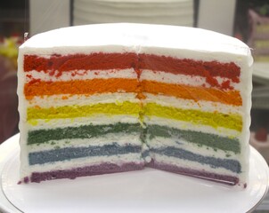 Rainbow layer cake in bakery cafe