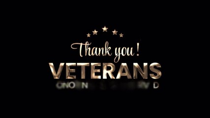 Thank you veterans gold metallic text design with stars on black background, honoring military heroes and celebrating Veterans Day, perfect for patriotic posters, remembrance graphics, and tribute art