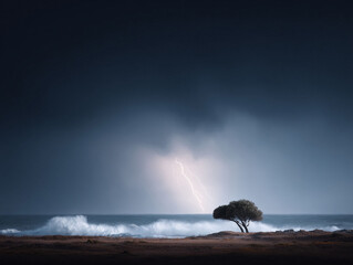 Dramatic landscape with a lone tree silhouetted against a powerful lightning storm over the ocean. Evokes resilience, natures power, and raw beauty. Perfect for impactful visuals.